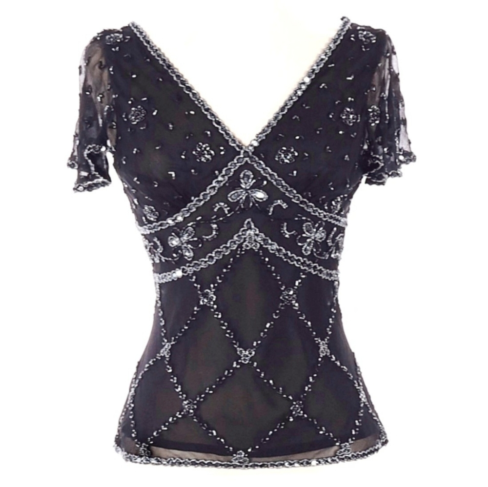 ♥️SOLD♥️Adrianna Papell Evening Wear Silk Bead Blk Blouse - Picture 13 of 13